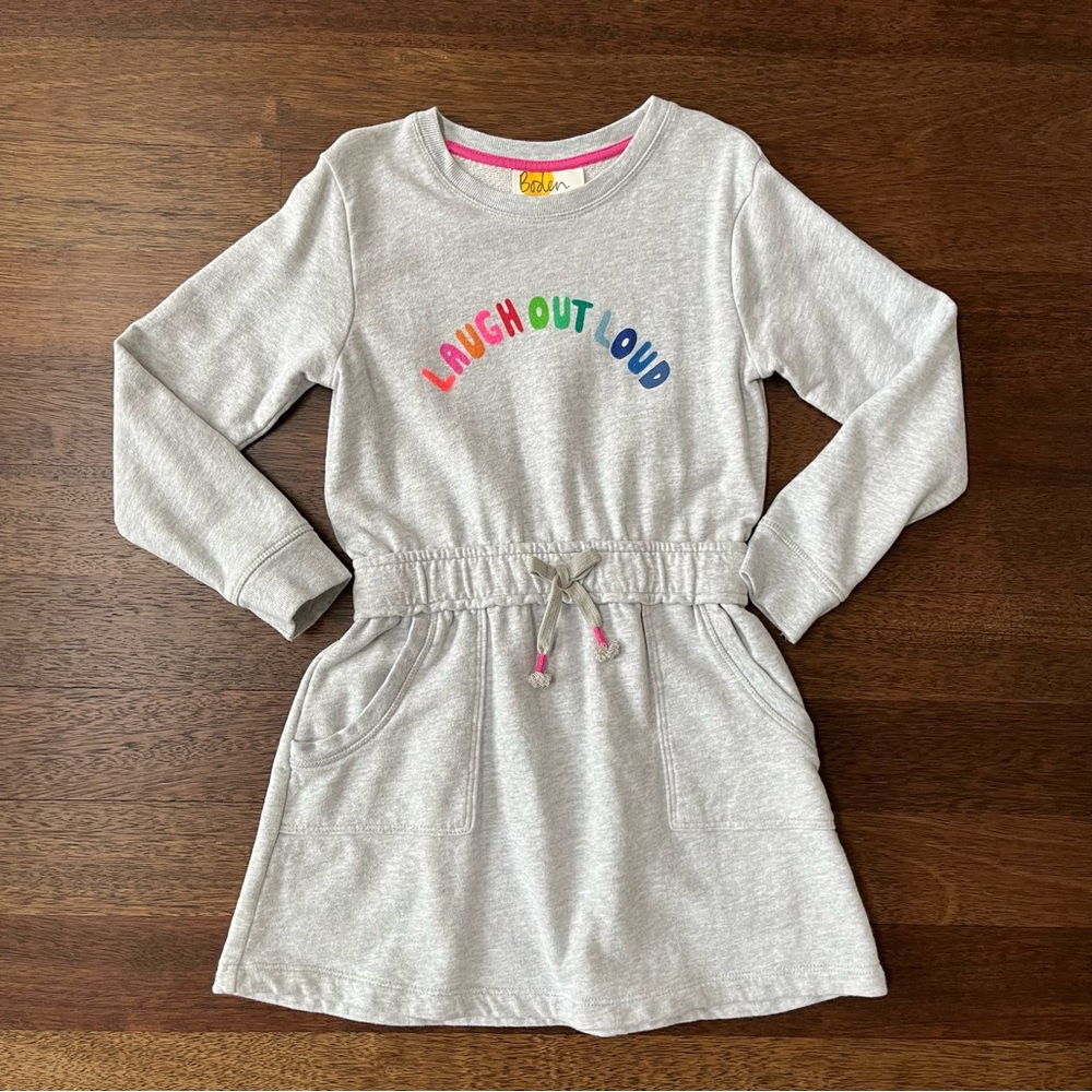 Mini Boden Girls 7-8 Years (128cm) Gray “Laugh Out Loud” Slogan Sweatshirt Dress